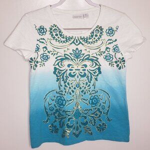 Zenergy By Chicos Ombre Medallion Short Sleeve T Shirt 0 White Blue Top